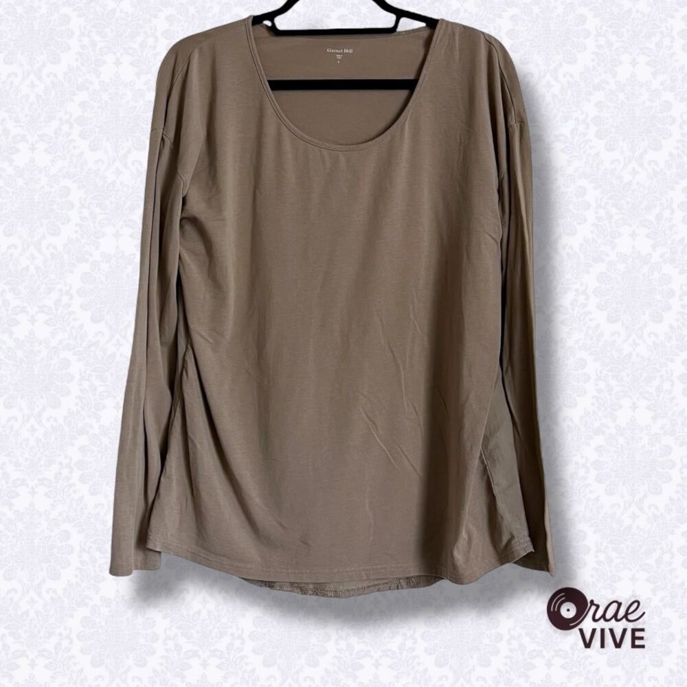 Garnet Hill S Small Mixed Media Top Silk Back Stretch Cotton Long Sleeve Taupe